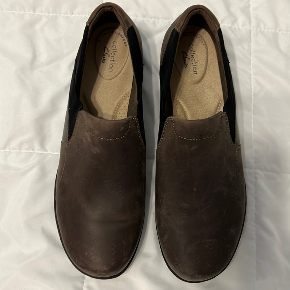 Clark slip on shoes, distressed brown leather, worn once, size 10M